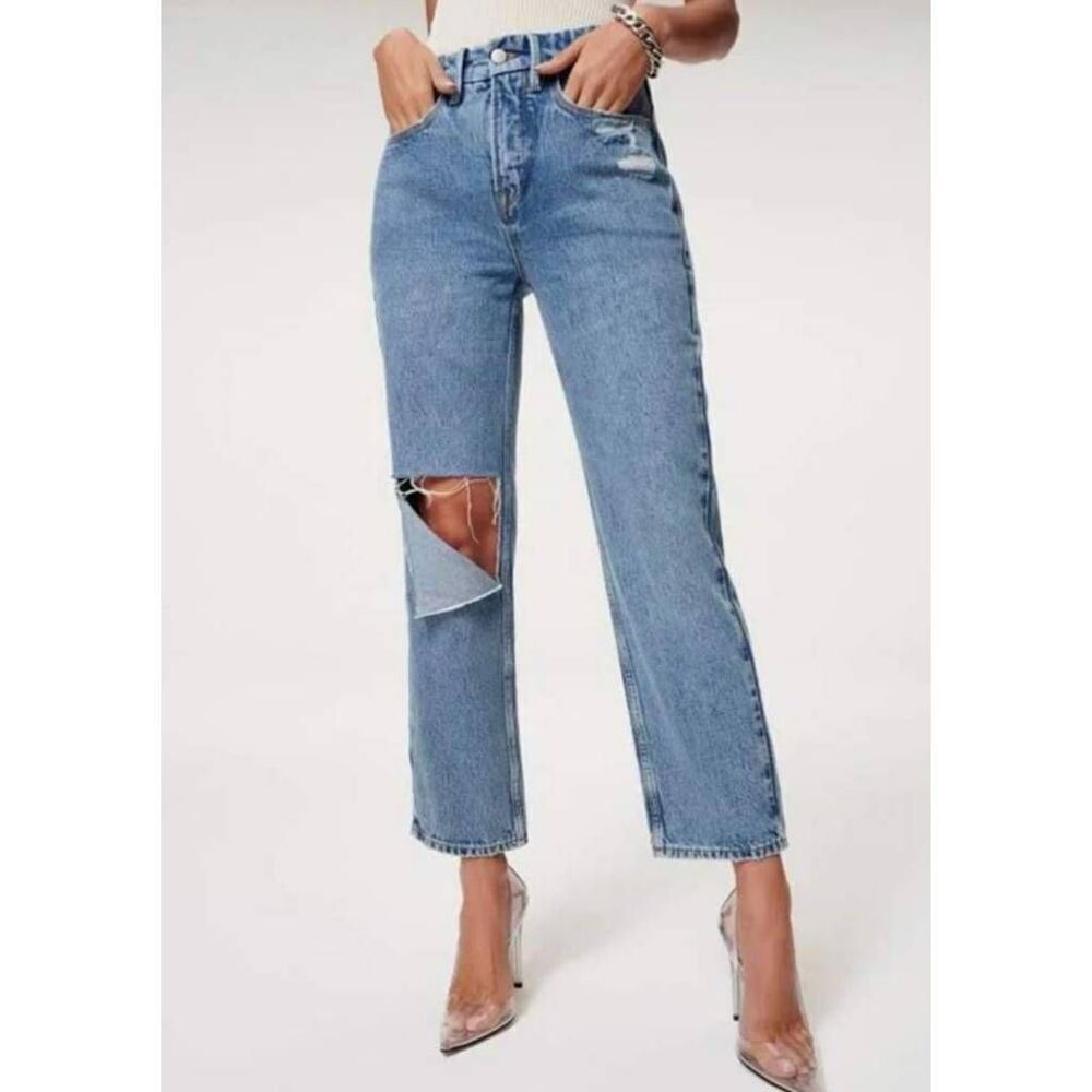 Good American‎ Distressed Cropped Jeans Women's 6/28 Blue Denim Cotton Blend